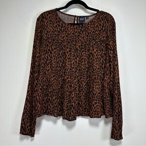 GAP Leopard Print Tiered Blouse Brown Animal Print Long Sleeve Top Size L